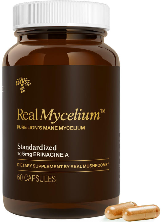 Real Mushrooms envase frontal de Lion's Mane mostrando diseño y cantidad 60ct beneficio confianza