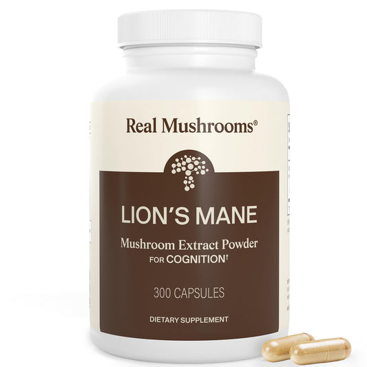 Real Mushrooms envase frontal mostrando 300 cápsulas y beneficios de enfoque