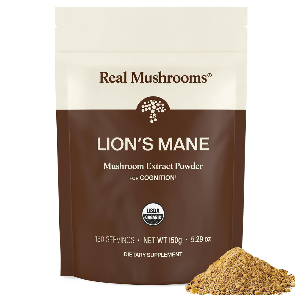 Real Mushrooms vista frontal del envase y beneficios orgánicos