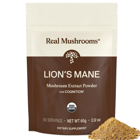 Real Mushrooms vista frontal del envase, claridad de la marca y beneficios