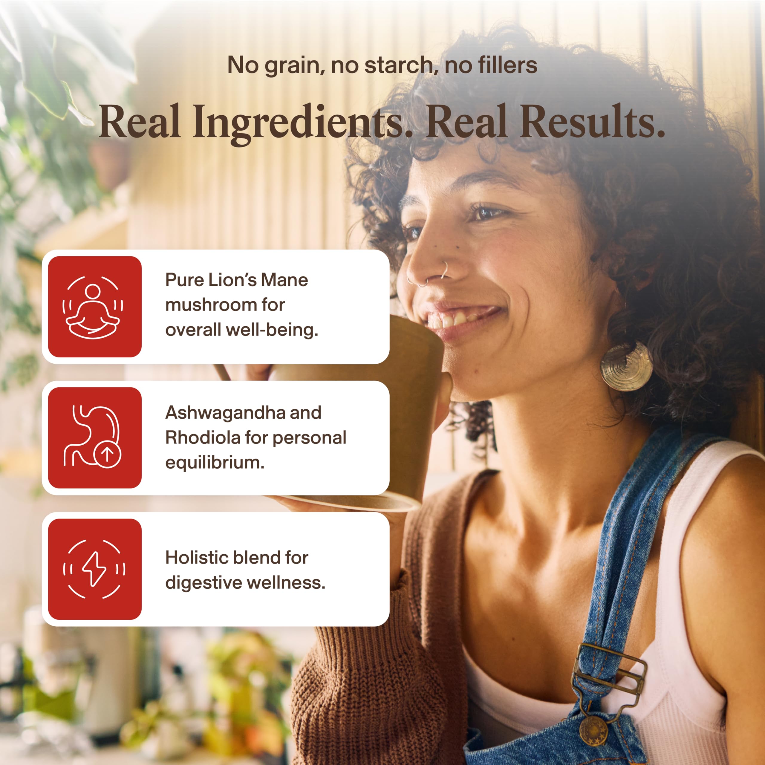 Real Mushrooms etiqueta con lista de ingredientes y certificaciones visibles