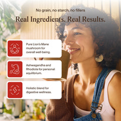 Real Mushrooms etiqueta con lista de ingredientes y certificaciones visibles