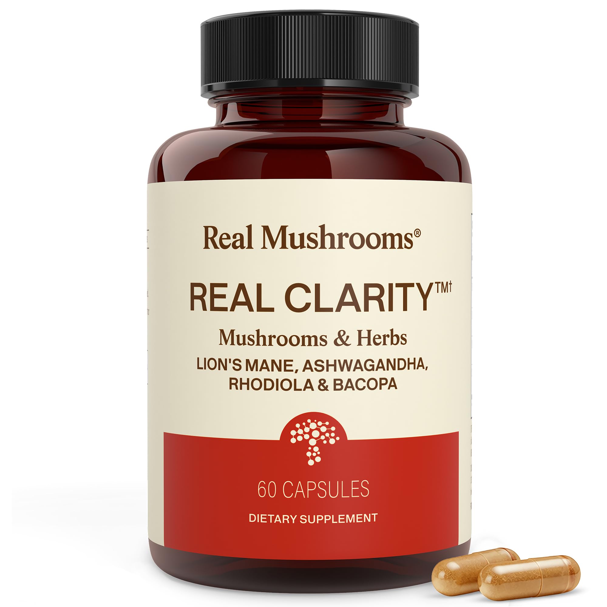 Real Mushrooms frasco delantero mostrando etiqueta clara y beneficios