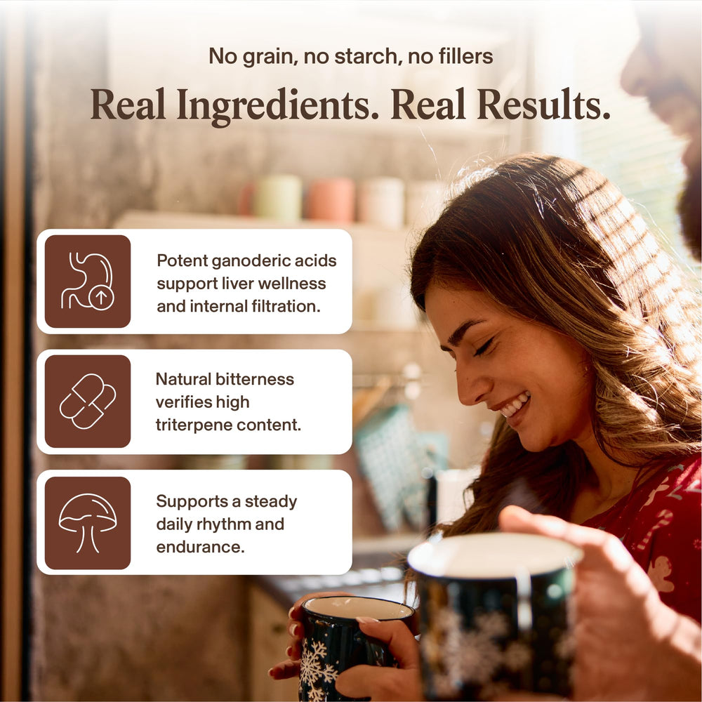 Real Mushrooms etiqueta mostrando certificados orgánico y sin OGM