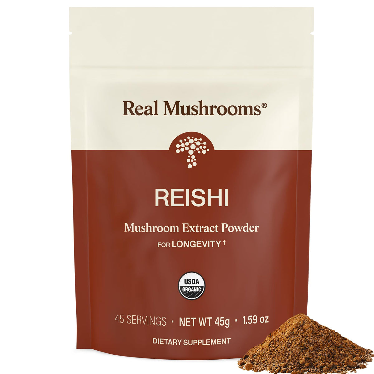 Real Mushrooms frasco frontal mostrando etiqueta y beneficios claros