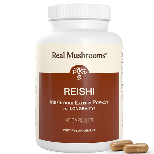 Real Mushrooms frasco frontal mostrando etiqueta clara y beneficios