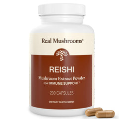 Real Mushrooms envase frontal claro y beneficios de pureza