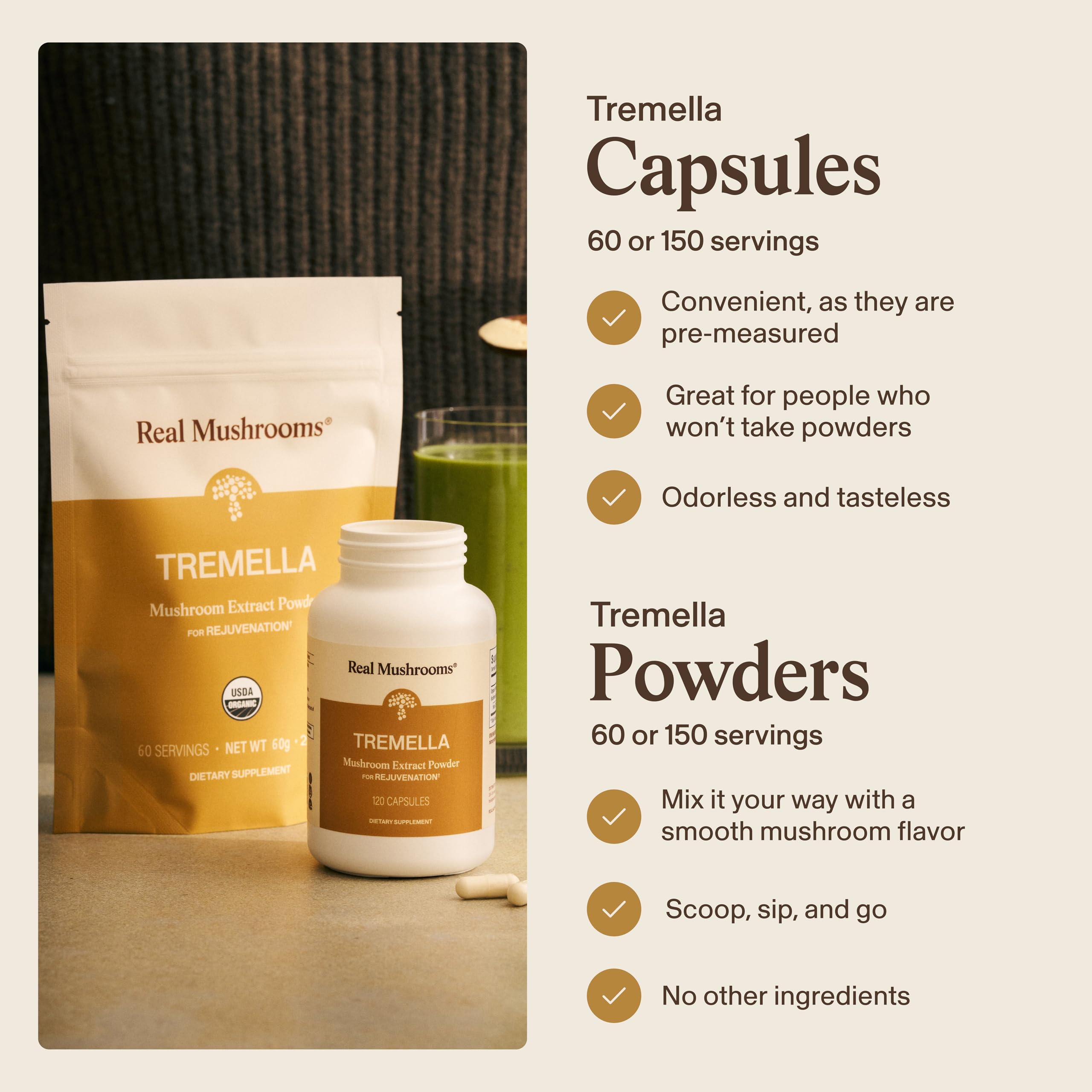 Real Mushrooms etiqueta con certificaciones, confianza y calidad
