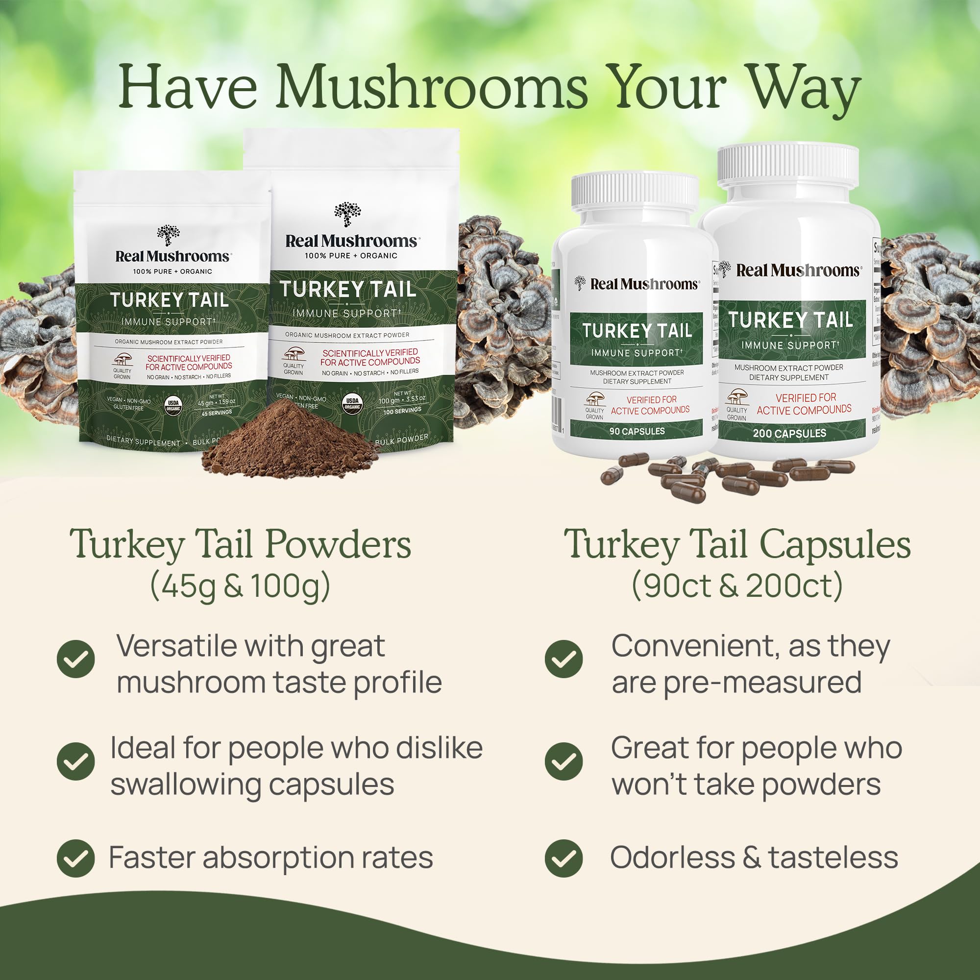 Real Mushrooms producto en escena de cocina, uso diario versátil