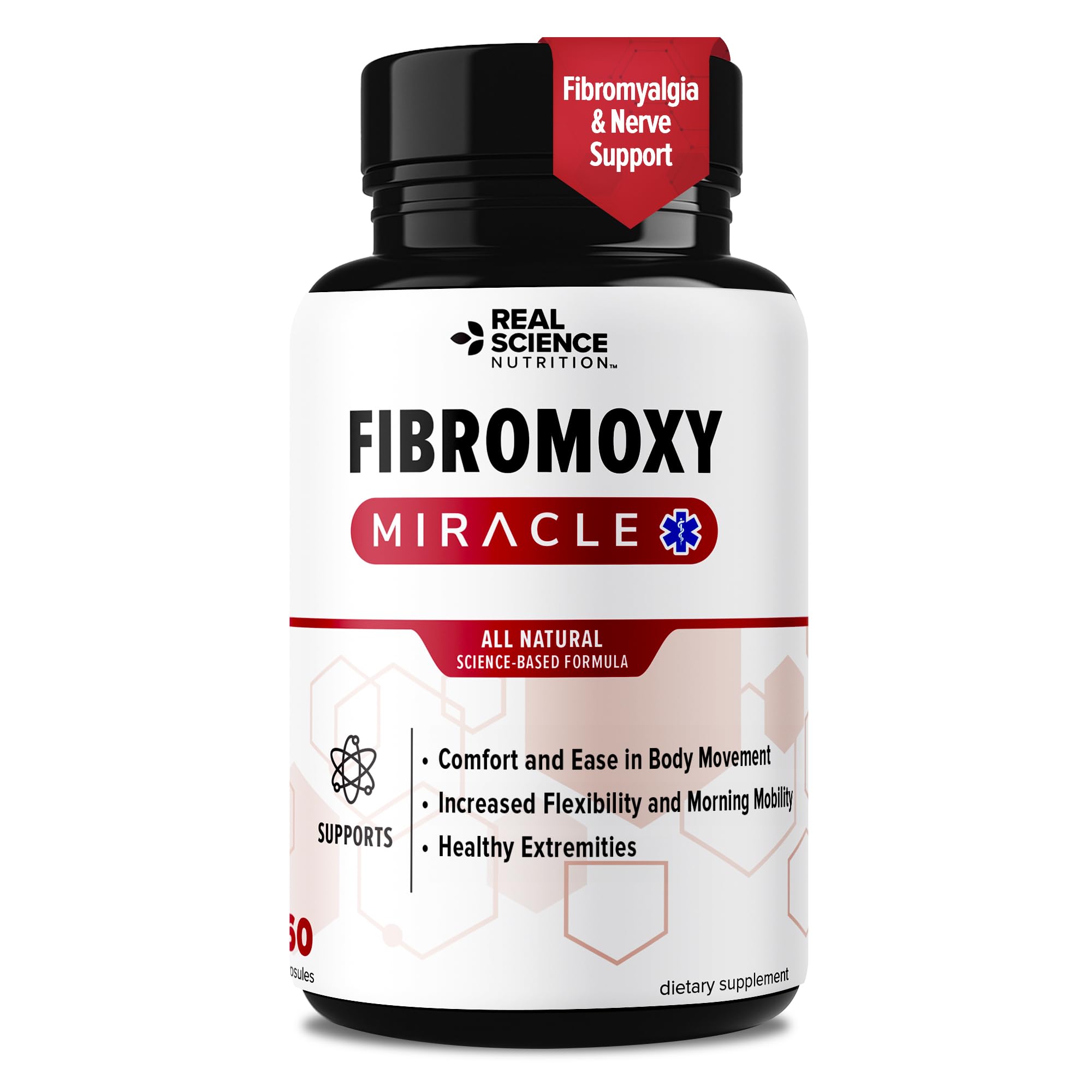 Real Science Fibromoxy vista frontal mostrando la botella y beneficio de apoyo