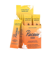 Recess empaque frontal Lemon Citrus mostrando 10 sobres y beneficios