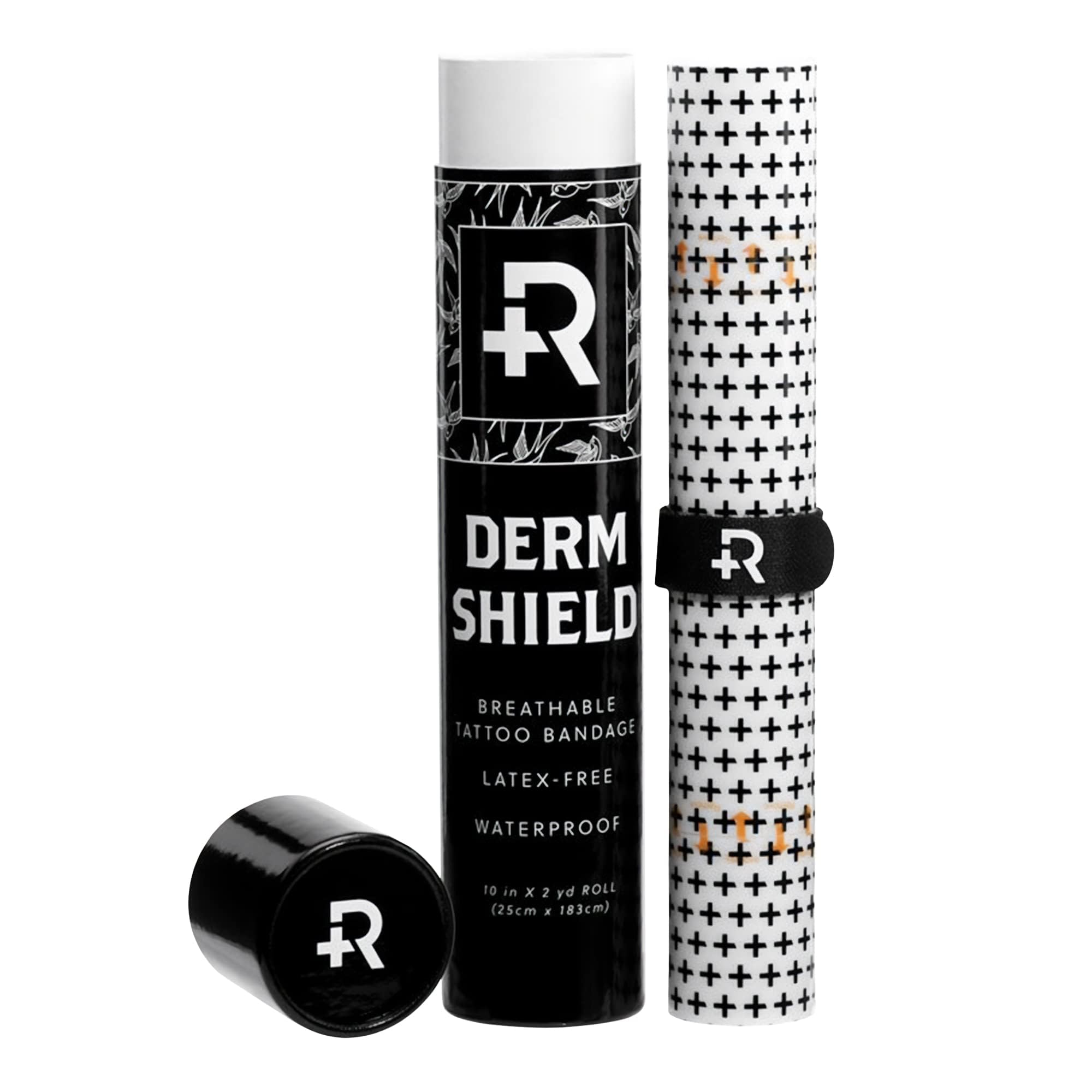 Recovery Aftercare empaque frontal mostrando rollo y dimensiones, protege tatuajes
