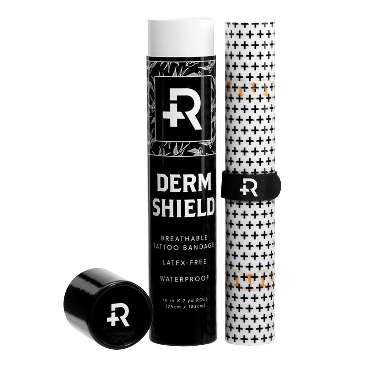 Recovery Aftercare empaque frontal mostrando rollo y dimensiones, protege tatuajes