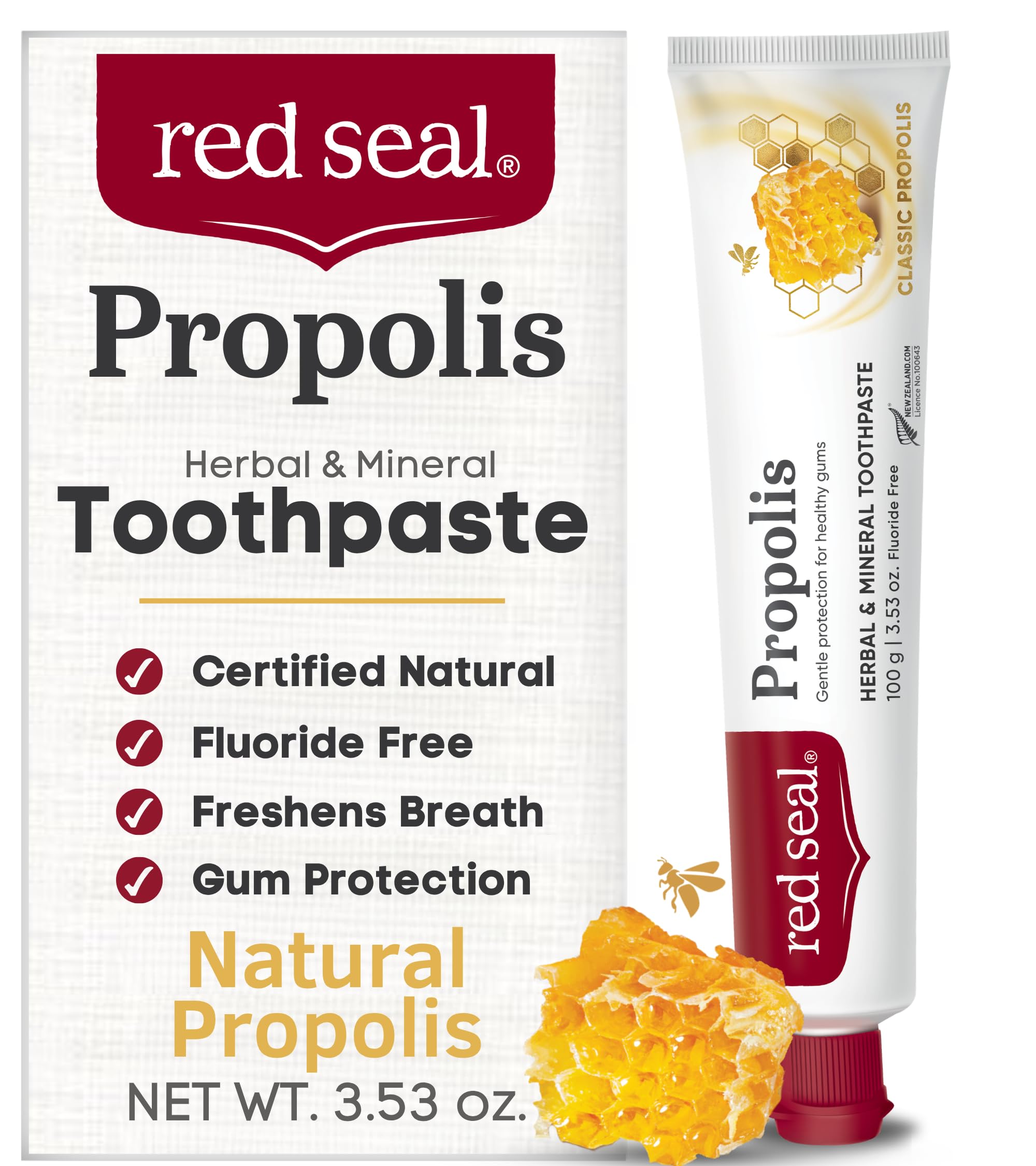 RED SEAL frente del tubo mostrando dosis y menta suave, frescura natural
