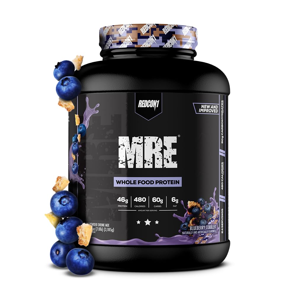 Envase frontal REDCON1 MRE Blueberry Cobbler que muestra la etiqueta y beneficios