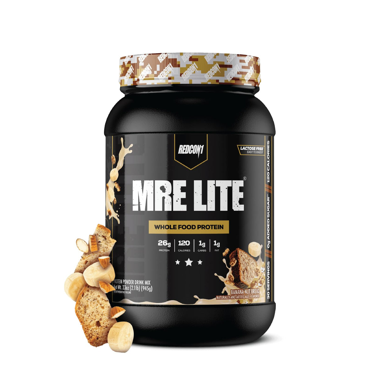 REDCON1 MRE LITE frente del envase mostrando sabor Banana Nut Bread y conveniencia