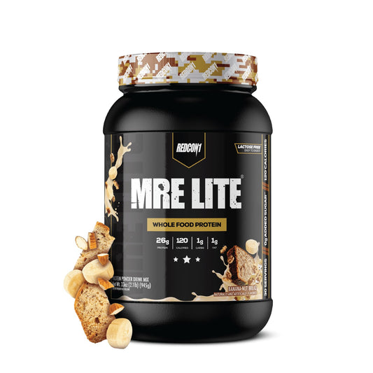 REDCON1 MRE LITE frente del envase mostrando sabor Banana Nut Bread y conveniencia