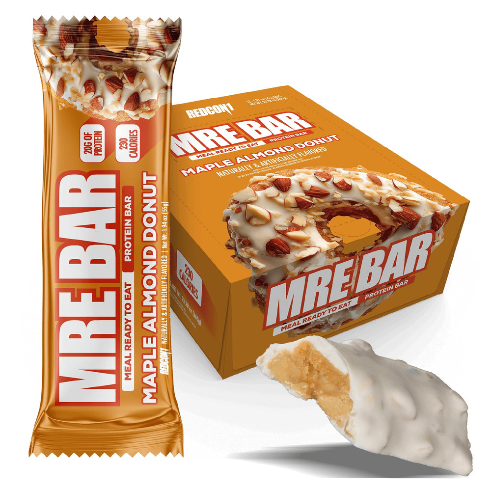 REDCON1 empaque frontal de MRE Maple Almond Donut mostrando caja de 12, ofrece conveniencia