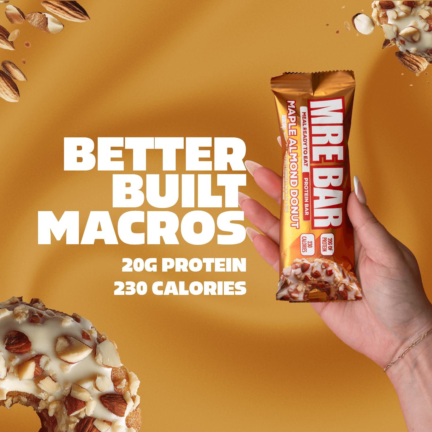 REDCON1 primer plano de textura MRE Maple Almond Donut, muestra miga y trozos de almendra