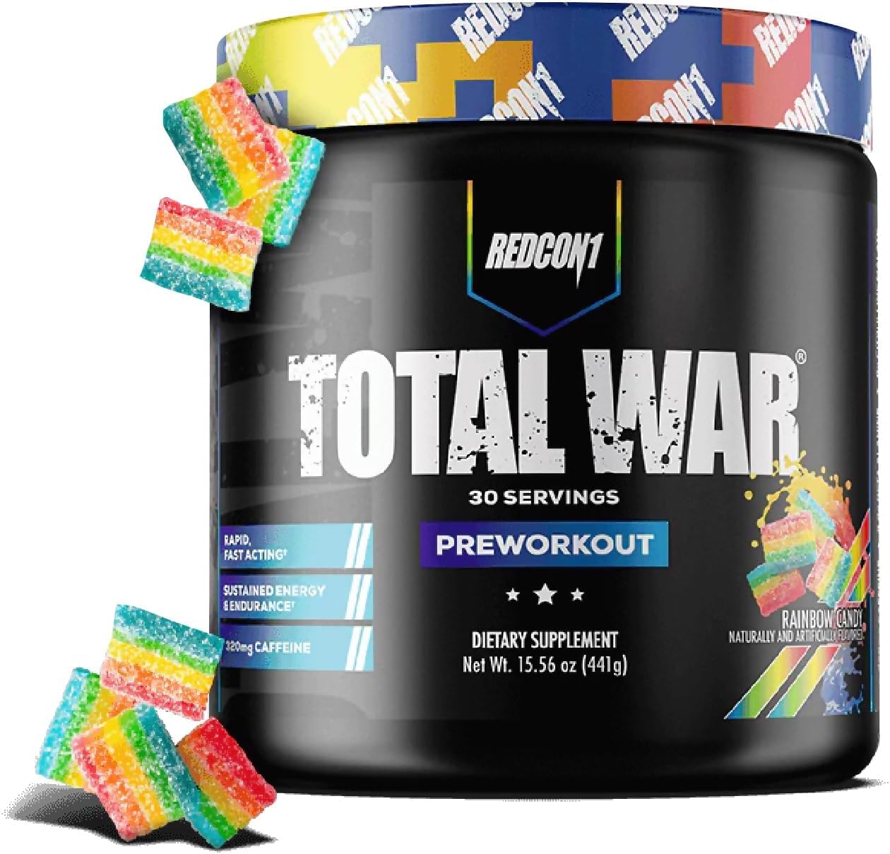 REDCON1 frasco Total War frente mostrando diseño y sabor Rainbow Candy beneficios energéticos