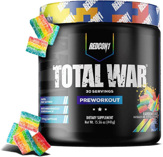 REDCON1 frasco Total War frente mostrando diseño y sabor Rainbow Candy beneficios energéticos