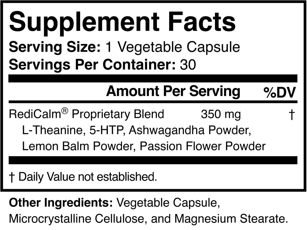 RediCalm ingredientes naturales en mesa, destaca origen botánico y pureza