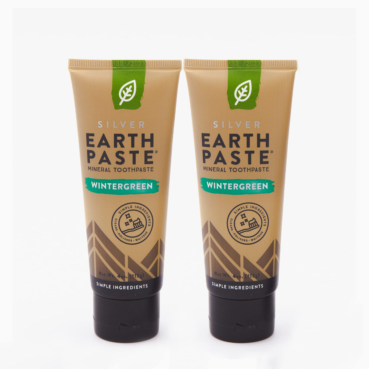 REDMOND Earthpaste Wintergreen frente del tubo muestra la etiqueta y beneficios naturales