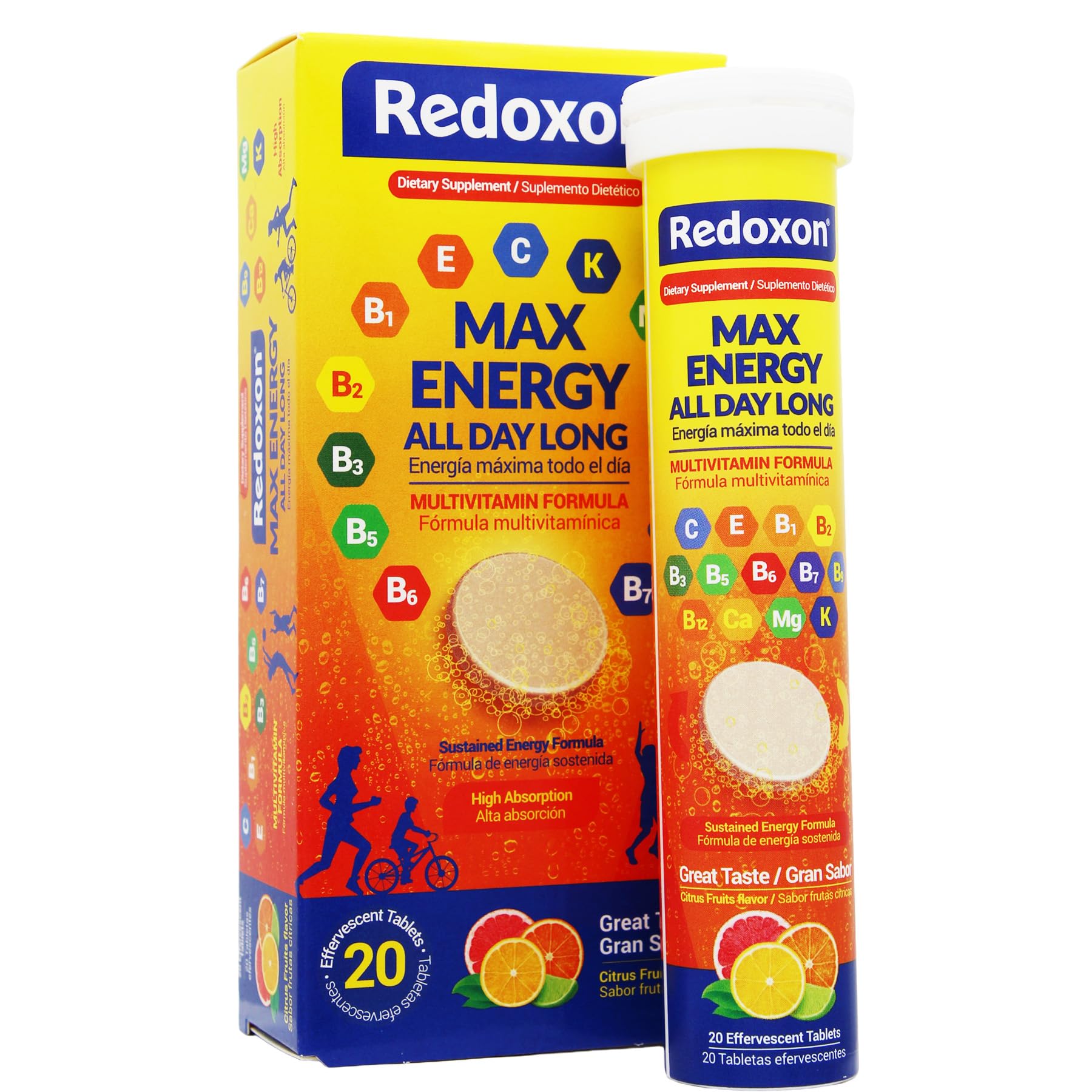 Redoxon Max Energy vista frontal del envase mostrando 20 tabletas, facilita el aporte vitamínico