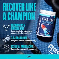 Reebok primer plano de ingredientes y electrólitos mostrando apoyo a la reposición mineral