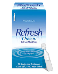 REFRESH embalaje frontal mostrando 50 viales para alivio inmediato