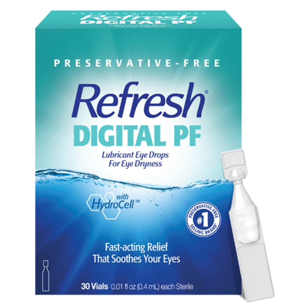 Refresh envase frontal mostrando 30 viales y beneficio de facilidad portátil