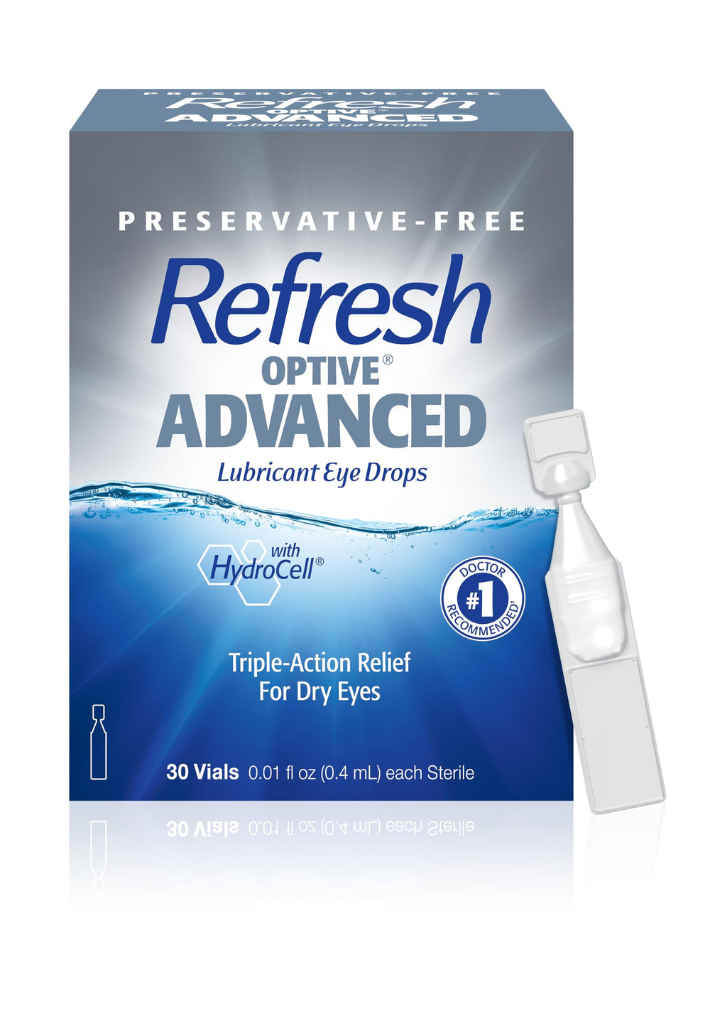 Refresh Optive Advanced vista frontal del empaque mostrando viales prácticos y portátiles