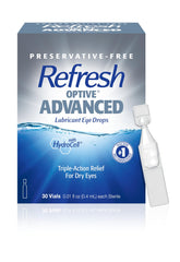 Refresh Optive Advanced vista frontal del empaque mostrando viales prácticos y portátiles