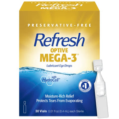 Refresh Optive Mega-3 frente del paquete mostrando el diseño y contenido para fácil identificación