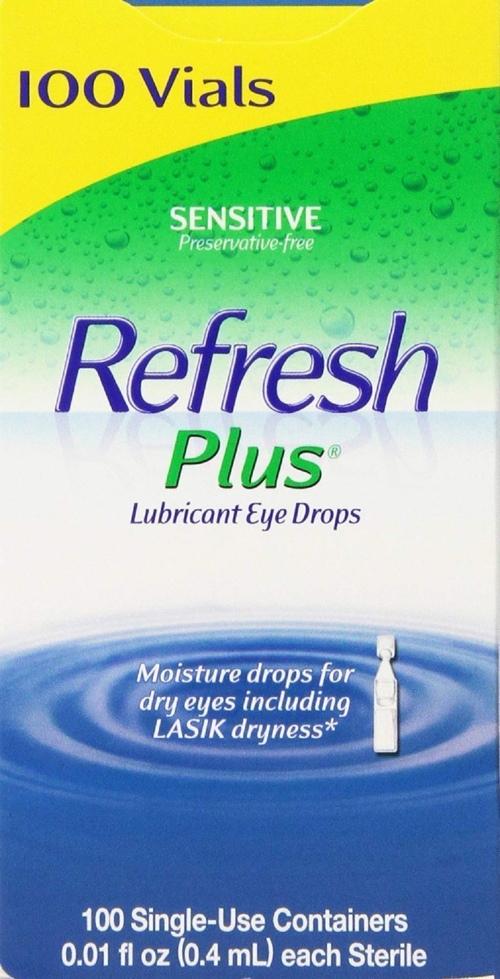Refresh empaque frontal mostrando 100 viales por paquete y beneficio higiene