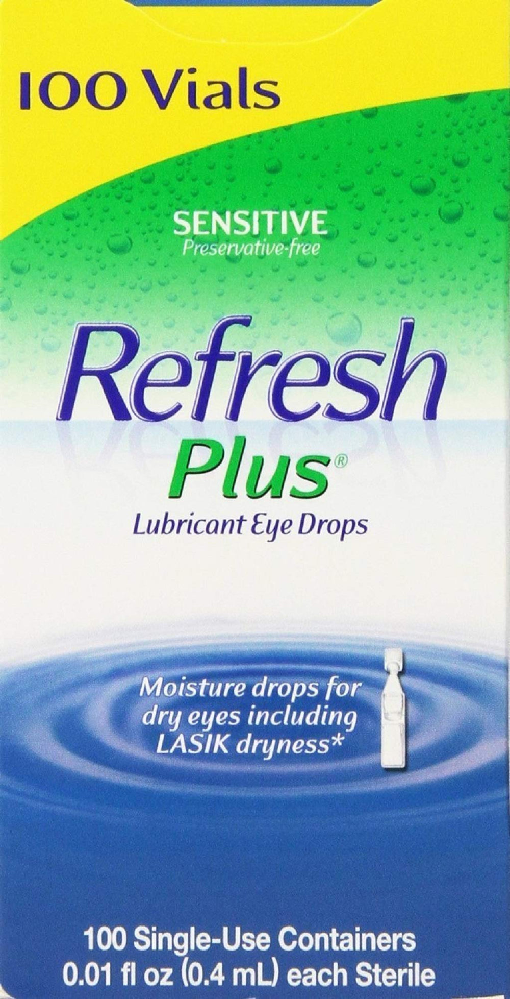 Refresh empaque frontal mostrando 100 viales por paquete y beneficio higiene