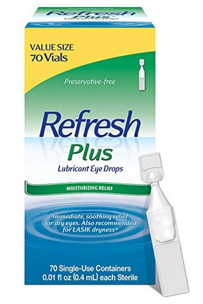Refresh PLUS frente del empaque que destaca 70 viales para alivio móvil