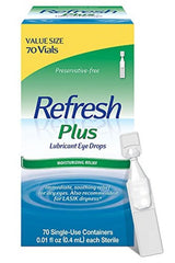 Refresh PLUS frente del empaque que destaca 70 viales para alivio móvil