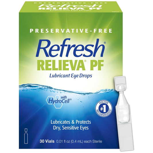 Refresh relieva pf frente del empaque mostrando monodosis y beneficios