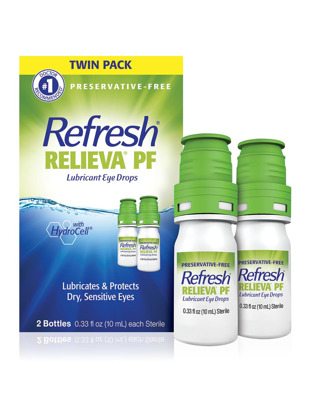 Refresh frasco frontal del paquete doble mostrando el envase y beneficio de esterilidad