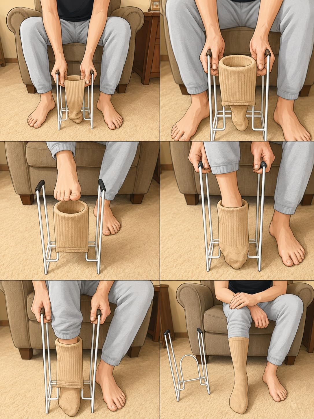 Rehabilitation Advantage usuario de pie colocando una media con facilidad y estabilidad