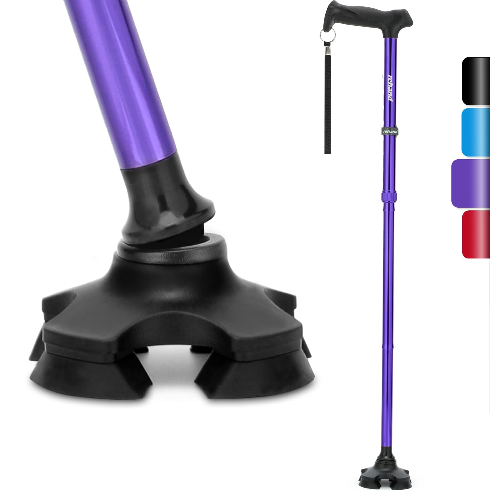 REHAND bastón frontal mostrando color morado y diseño compacto, mejora la confianza al caminar