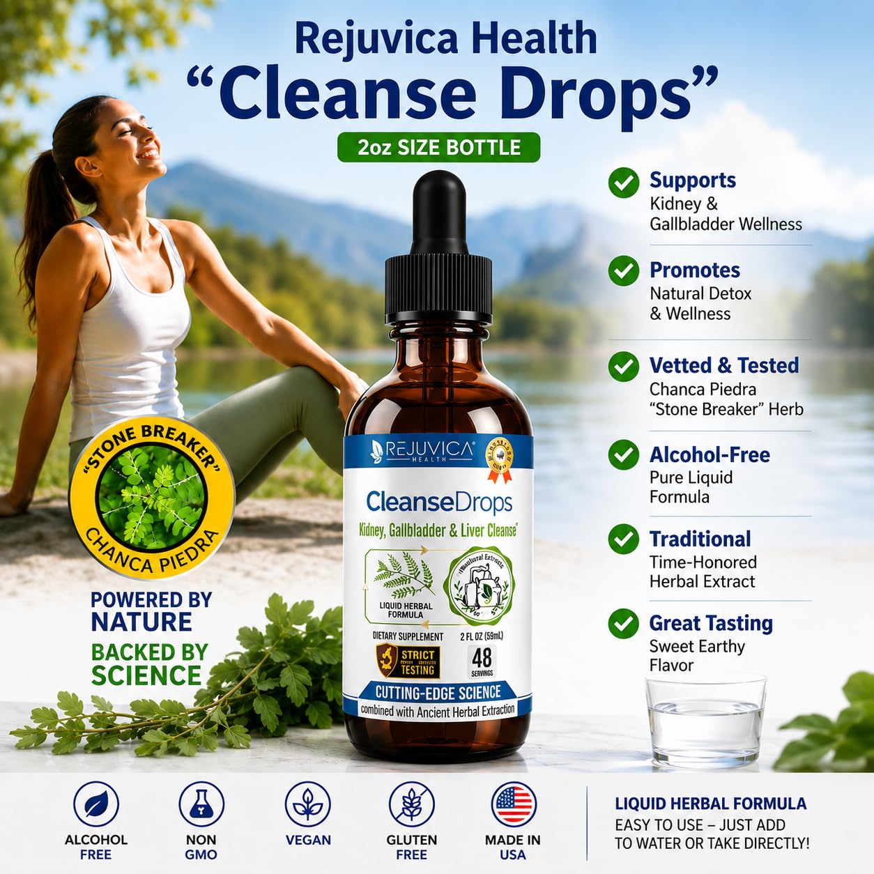 Rejuvica Health botella junto a una regla para comparar tamaño y portarilidad