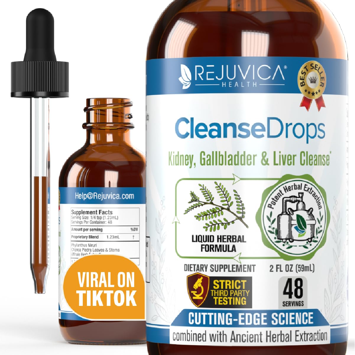 Rejuvica Health Cleanse Drops frente del envase mostrando formato portátil y claridad