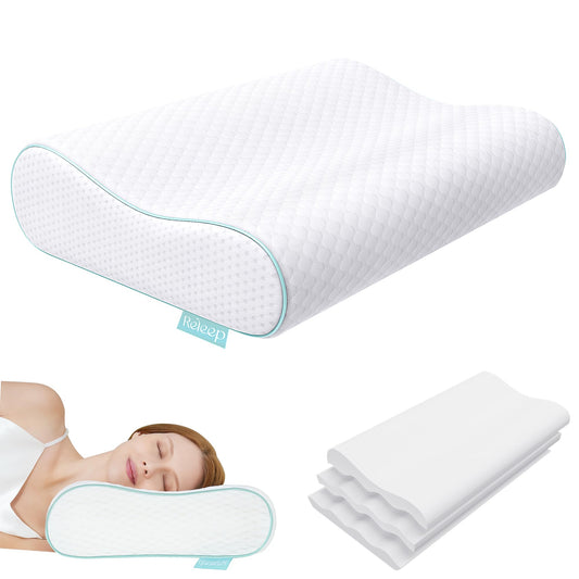 Releep vista frontal del paquete y almohada mostrando diseño ergonómico y ajuste