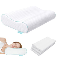 Releep vista frontal del paquete y almohada mostrando diseño ergonómico y ajuste