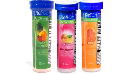 Relion envase frontal con tres tubos y 30 tabletas, práctico para llevar