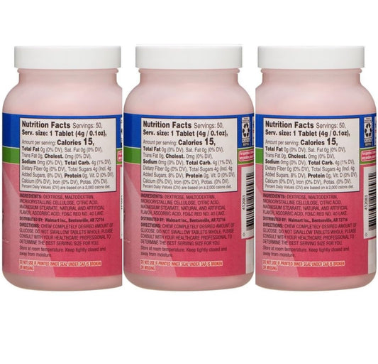 Relion tabletas de glucosa en primer plano mostrando textura y masticabilidad conveniente