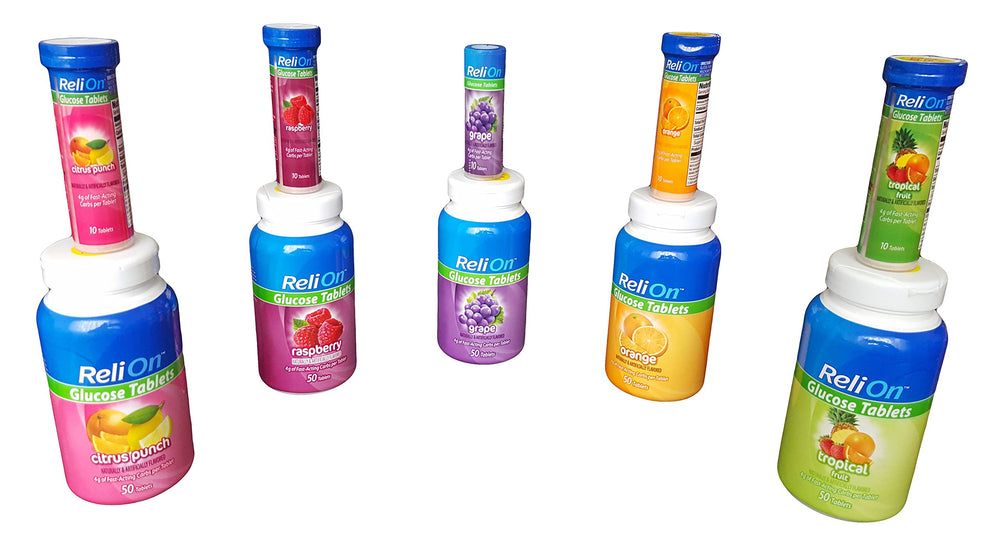 ReliOn primer plano de tabletas Tropical Fruit mostrando textura masticable