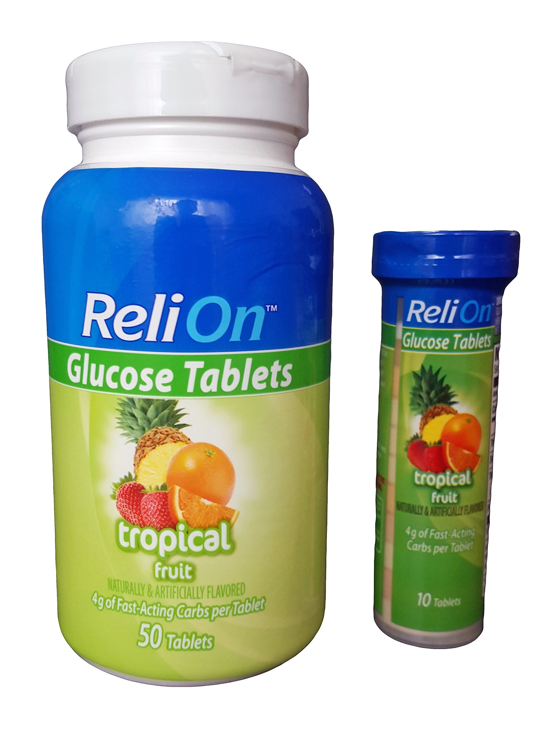 ReliOn frasco de 50 tabletas Tropical Fruit, almacenamiento conveniente